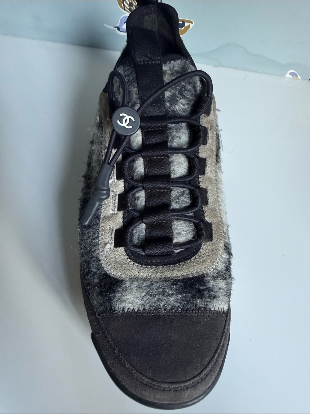Chanel Black Gray Suede Felted Wool CC Cinch Close Sneakers - Picture 5 of 15